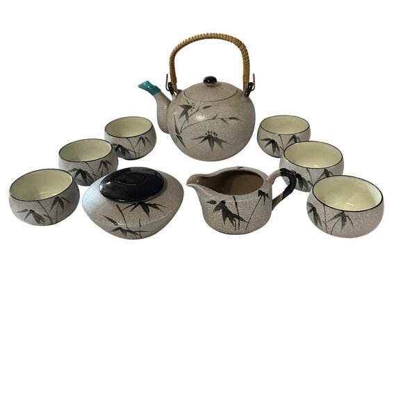 VTG Shimo Sasa by PCDG Japan Oriental Style Tea Set Sugar Creamer Teapot 6 Cups - Picture 1 of 7